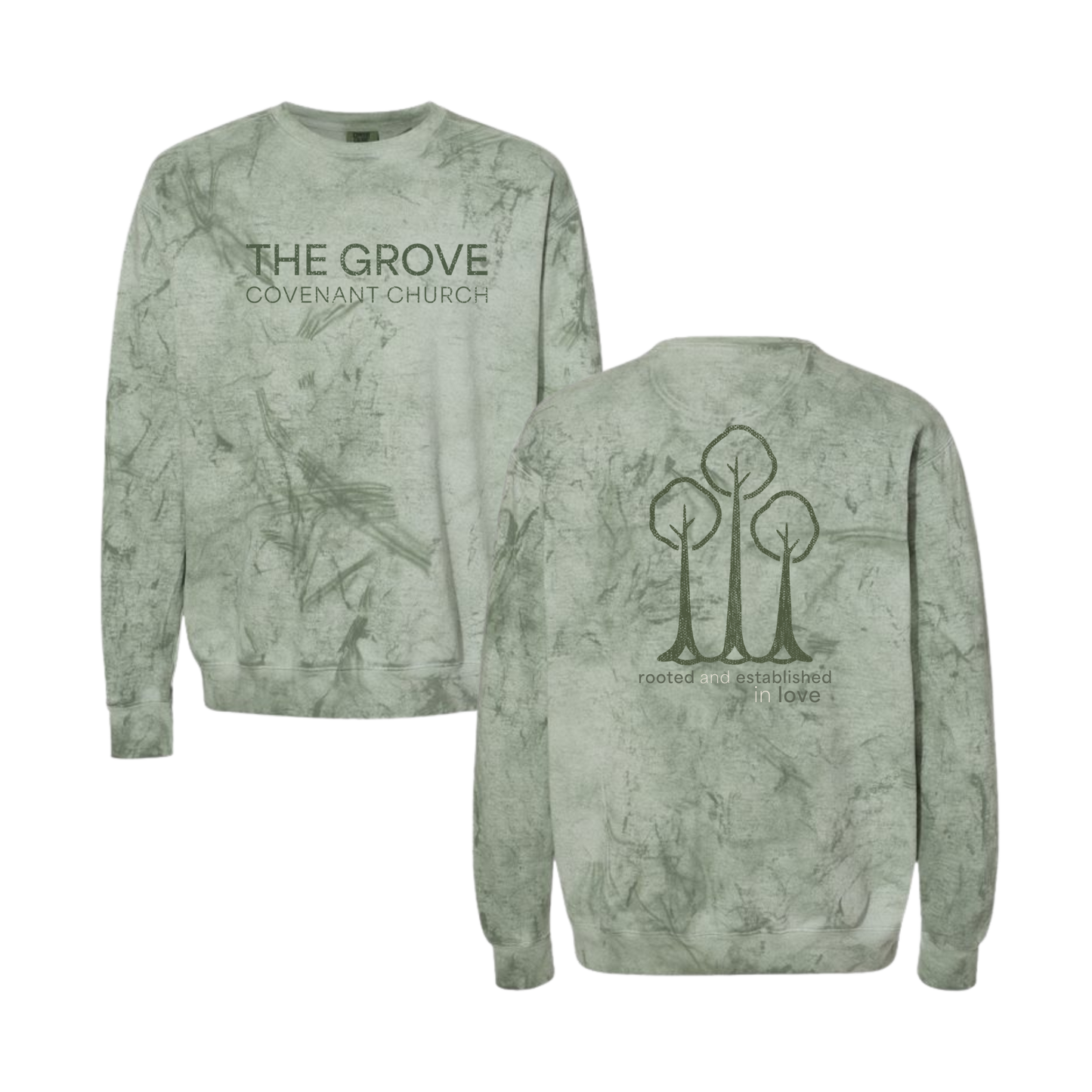 Rooted in Love โ Comfort Colors Colorblast Crewneck | The Grove Covenant Church