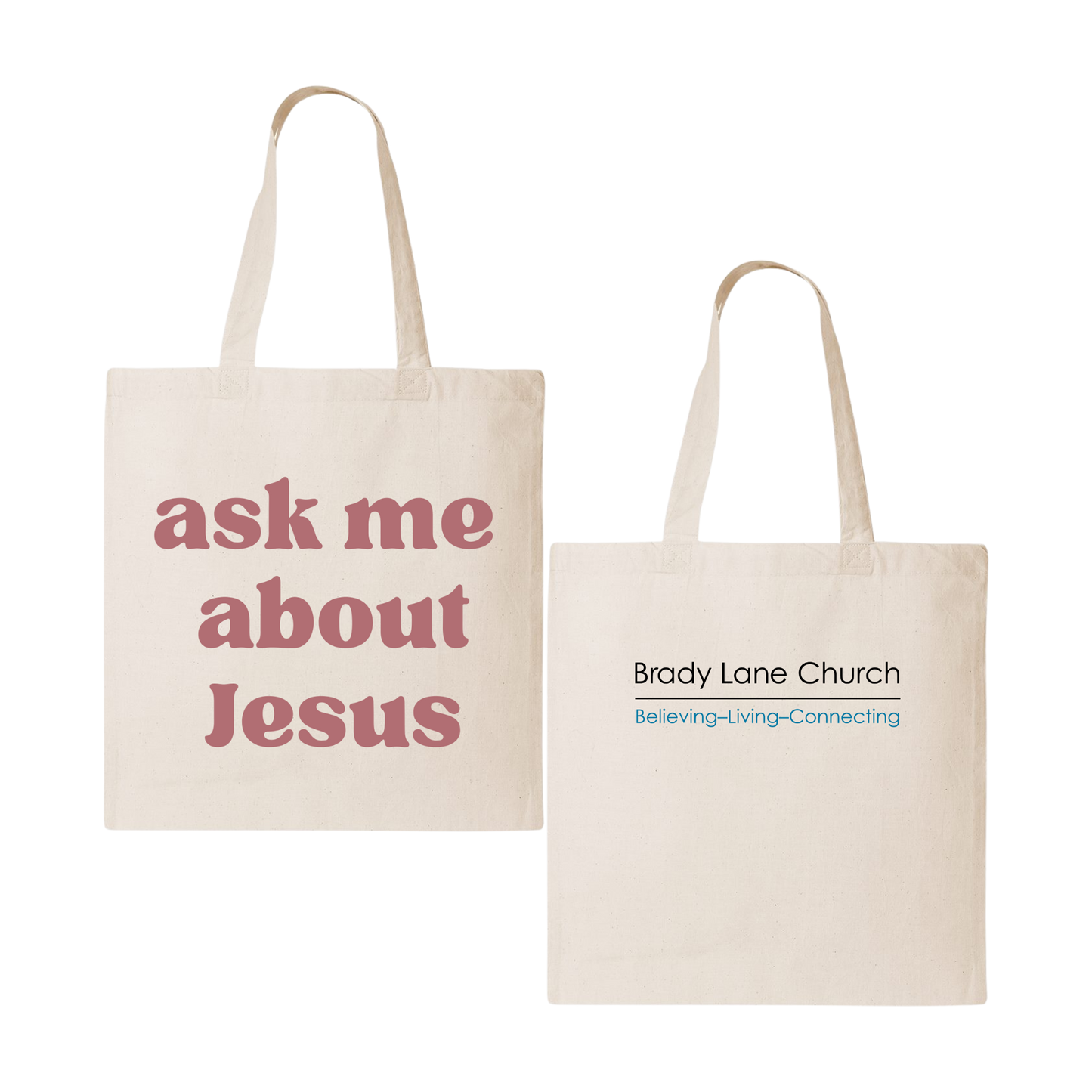 "Ask me about Jesus" Large Tote Bag – Brady Lane Church