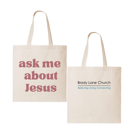 "Ask me about Jesus" Large Tote Bag – Brady Lane Church