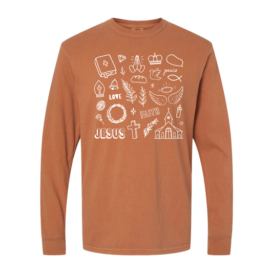 Jesus Doodles Pigment Dyed Comfort Colors Long Sleeve Tee